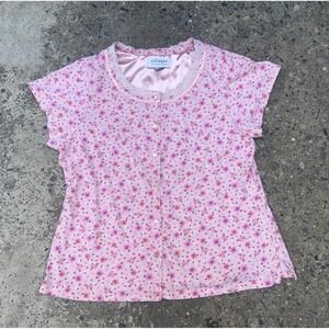Villager Liz Claiborne Pink Floral Button Up Top Lace Neck Cottagecore Small